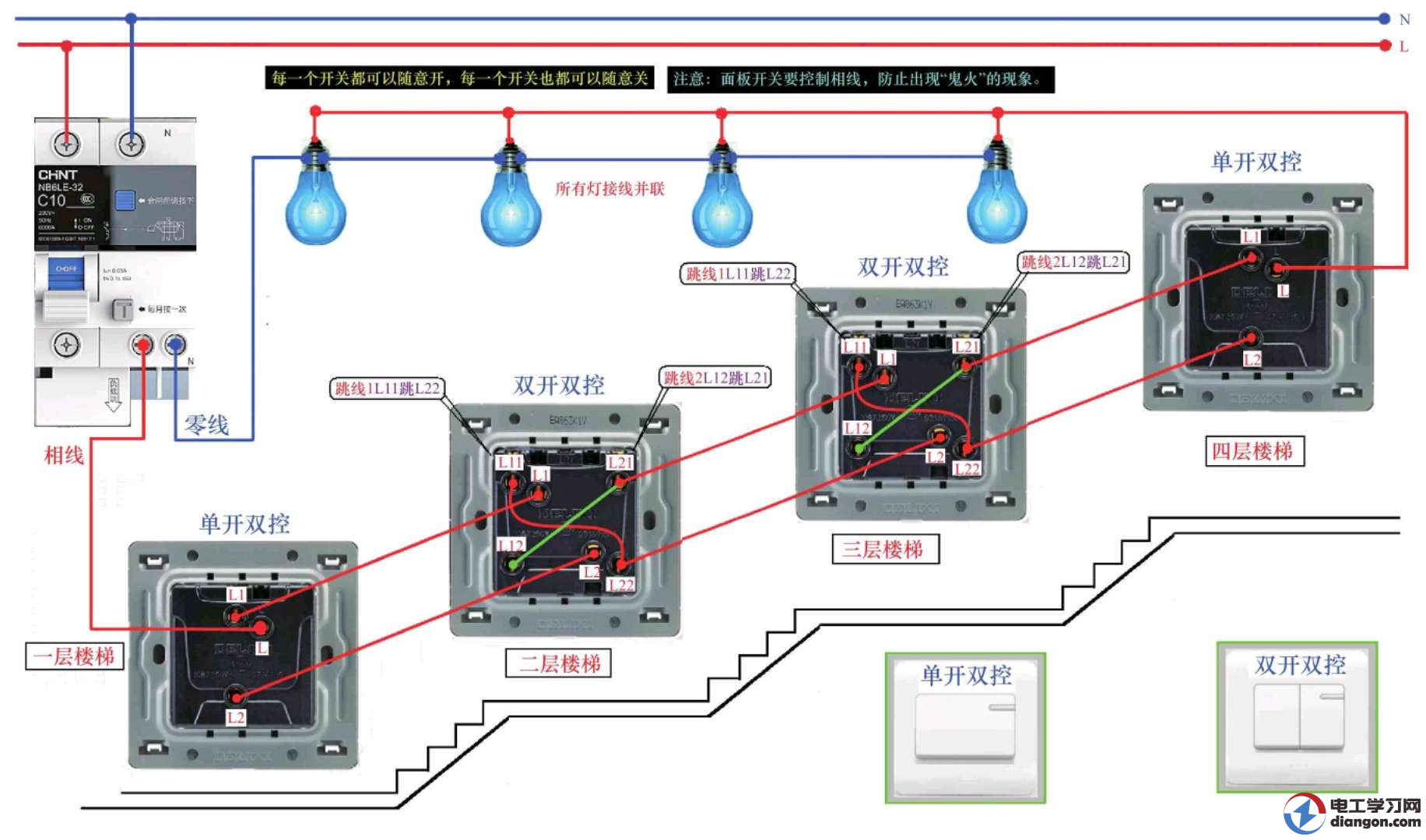 四个开关控制四盏灯实物接线图 - 电工基础知识_电工电气学习网