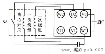 单相电动机内外电路的接线方法示意图