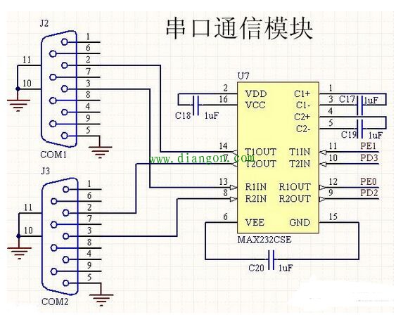 RS-232串行通信电路图 - 单片机_电工电气学习网