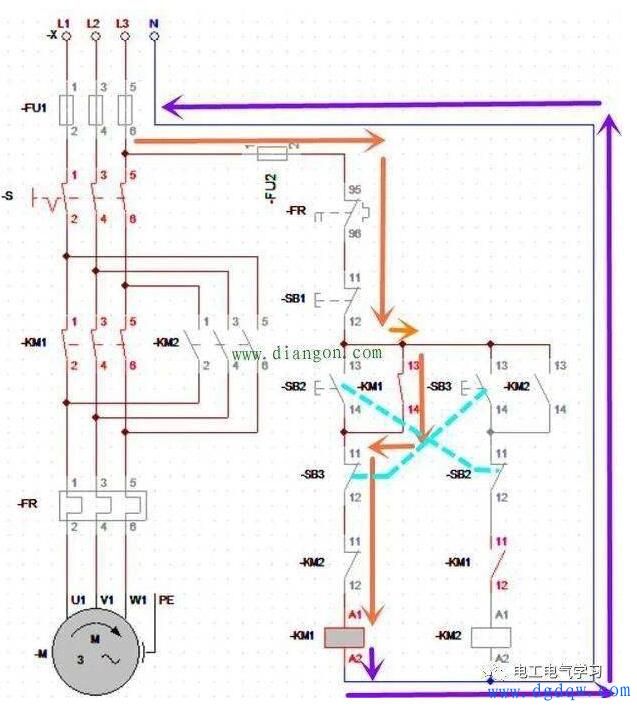 三相交流电动机正反转互锁电路原理图解
