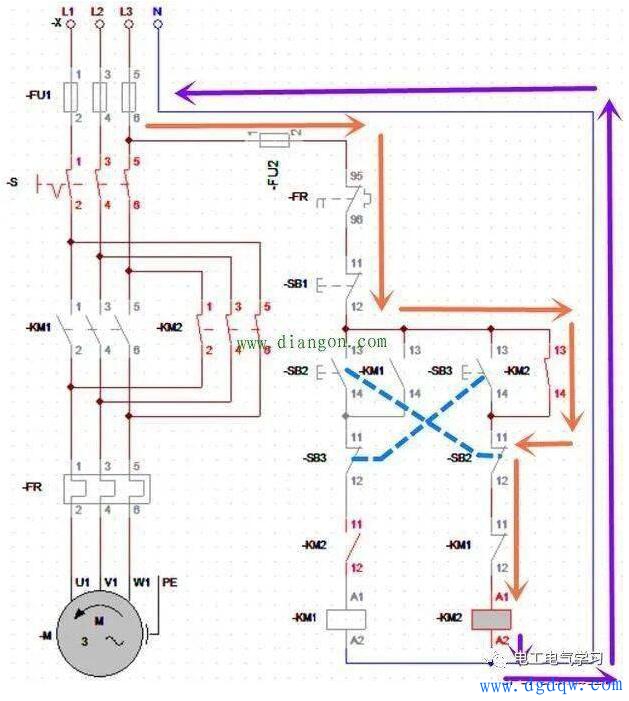 三相交流电动机正反转互锁电路原理图解